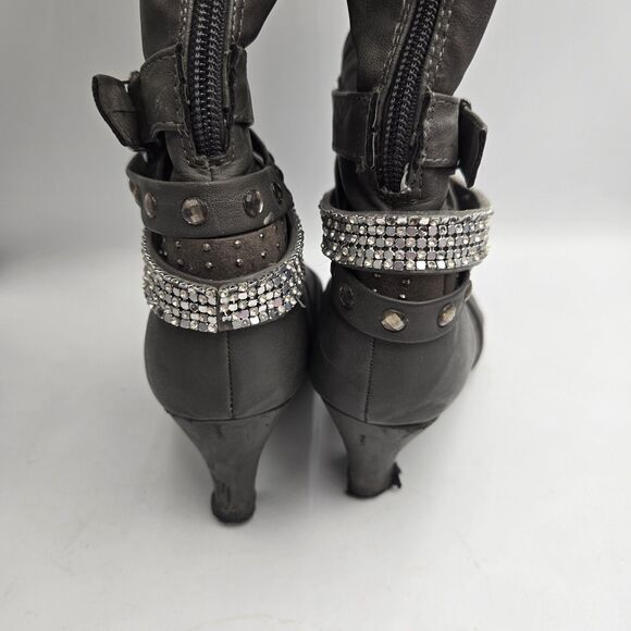 Vanity Gray Studded Rhinestone Knee High Boots Heeled Size 8.5 Alla VT - Picture 5 of 15